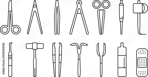 Outline illustration of various medical instruments and first aid supplies