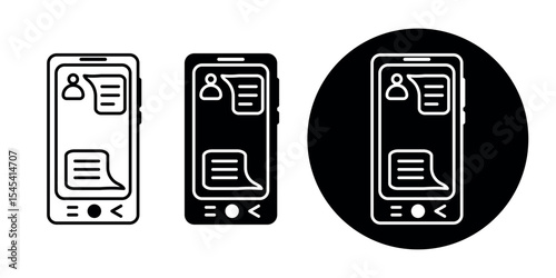 Vector illustration of three phones icons showing a messaging chat interface, presented in black and white styles, ideal for communication or mobile app design concepts.