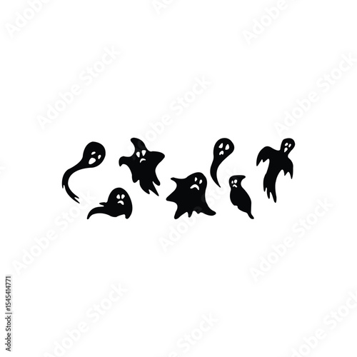 Monochrome Ghost Set isolated on white background. Funny Spooky Halloween Character Silhouette Collection.