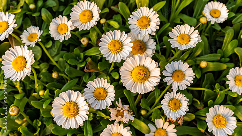 Fototapeta premium Close-up view of numerous white daisies blooming in a lush green garden