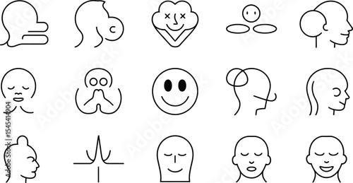 Various stylized head and face line drawings arranged in a grid pattern