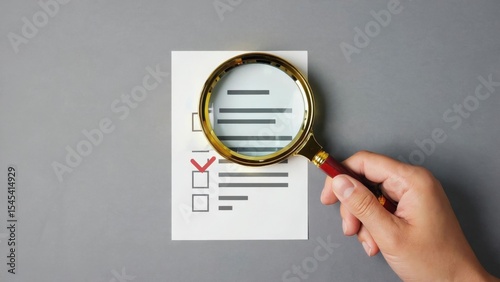 Hand holding magnifying glass over checklist on grey background