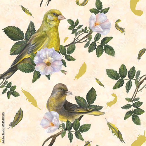 Greenfinch birds, feathers, rosehip flowers, leaves on watercolor background hand drawn. Seamless pattern watercolor illustrations for fabric, textile, prints, design
