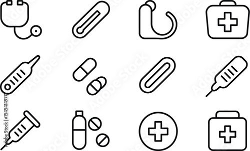 Line art illustration of medical equipment and supplies on white background