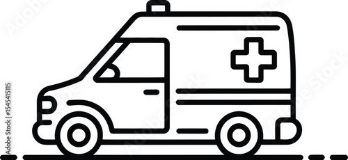 Isolated line drawing of an ambulance with a cross on a white background