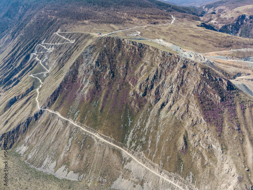 Mountain pass Katu-Yaryk. Valley of the mountain river Chulyshman. Landscape. Mountain dangerous road.