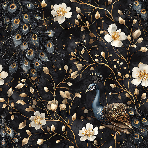 A luxurious seamless pattern featuring a regal peacock perched among golden branches and white blossoms on a textured black background. Perfect for upscale wallpaper, fashion textiles, weddings