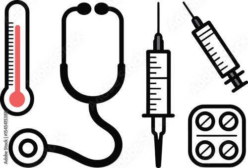 Illustration of medical tools including thermometer stethoscope and syringes