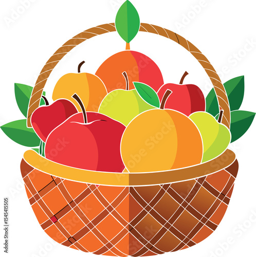 Digital vector illustration of a wicker basket filled with assorted fruits like apples, bananas, grapes, and oranges. Great for food design, harvest themes, and healthy eating visuals
