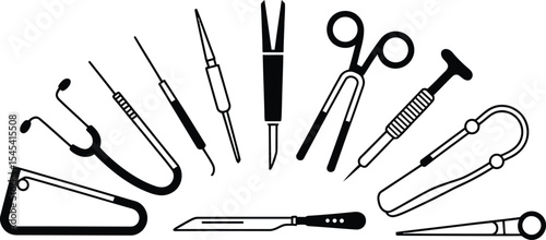 A minimalist illustration of various medical instruments arranged in a semicircle