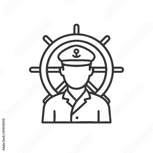 Line Icon of Ship Pilot with Helm Wheel Symbol