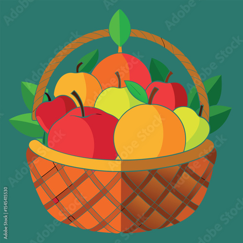 Digital vector illustration of a wicker basket filled with assorted fruits like apples, bananas, grapes, and oranges. Great for food design, harvest themes, and healthy eating visuals.