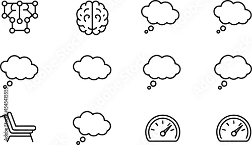 Twelve black and white icons arranged in a grid pattern on a light background