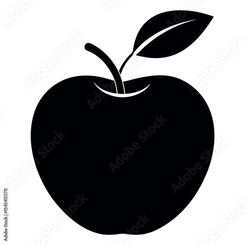 Black silhouette vector illustration of a simple apple with stem and leaf on white background. Ideal for food icons, healthy eating, fruit labels, nutrition, and minimalist design projects.
