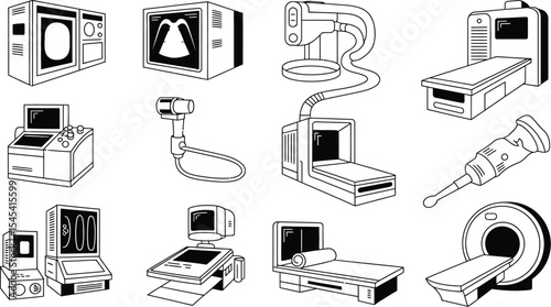 Various medical imaging equipment in black and white line drawing style