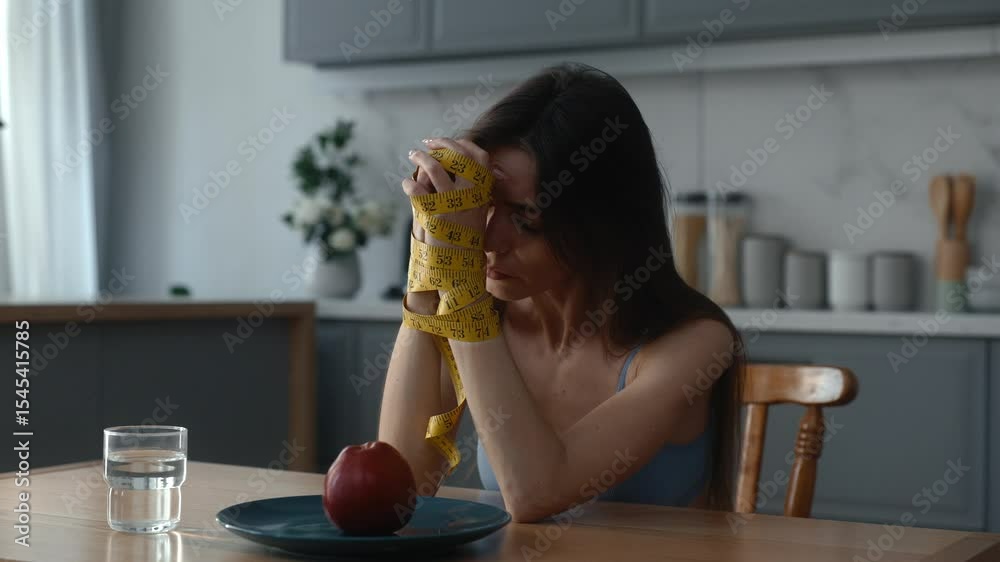Tied female hands with centimeter measuring tape on kitchen table