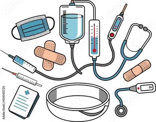 Illustration of medical equipment including iv bag and stethoscope items