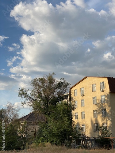house in the park, sunset, golden hour, building, countryside, rural, warm light, grass, field, summer, nature, tree, house, evening, peaceful, landscape, architecture, abandoned, sunset light, dry gr photo