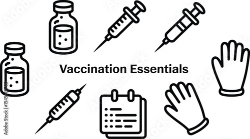 Outline illustration of vaccination essentials including vials syringes gloves
