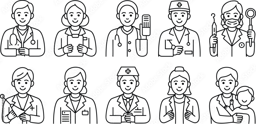 Line drawing of diverse medical professionals in various roles and poses Line drawing of diverse medical professionals in various roles and poses