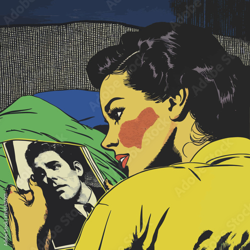 The image features a woman in bed, presented in a vintage comic book style reminiscent of pop art, alongside her husband and other males, designated H