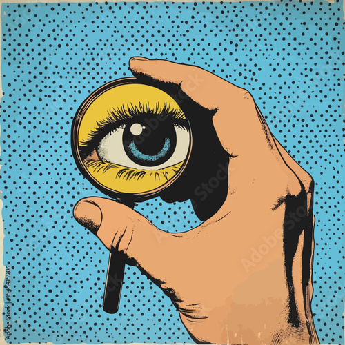 Search with a magnifying glass the pop art comics where the searching eyes appear