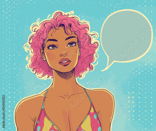A sexy and attractive young woman is depicted in an advertising poster, either announcing something, telling a secret, or yelling, characterized as a comic woman with red cheeks, beautiful features,