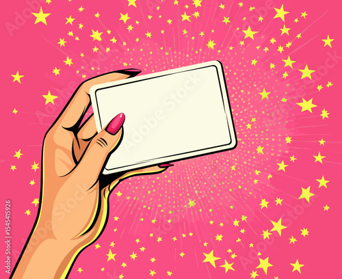 The image features a female hand grasping a card, presented in a bold Pop art style with a matching background, conveying the idea of a party invitation through pop art, pop art design, and pop art