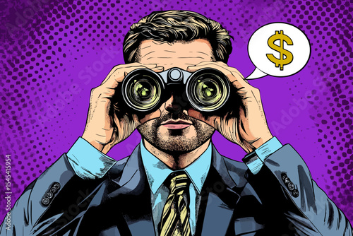 A man using binoculars to monitor the euro rate is surrounded by people embracing retro style pop art and vintage advertising