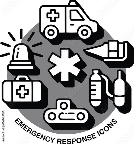 Illustration of emergency response icons including ambulance and first aid kit