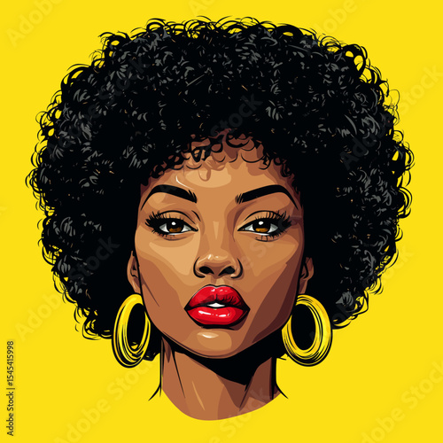 A surprised young Afro-American woman with a sexy appearance and an open mouth, depicted in a modern pop art comic retro style background