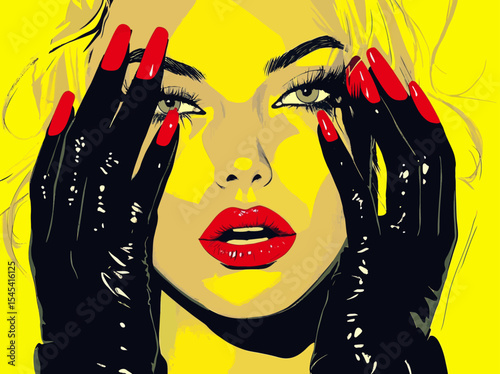 A surprised blonde pop art woman with a screaming expression, characterized by wide open eyes and mouth and raised hands, is illustrated in front of a modern comic retro pop art style background,
