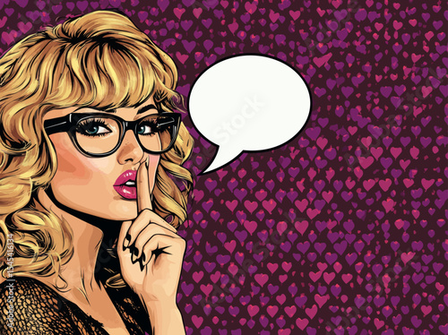 The image features a sexy, sun-tanned woman with a surprised look, her finger near her mouth and a smile on her face, blonde curly hair, and a speech bubble, all presented in a pop art style with a