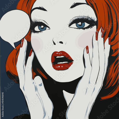 A surprised pop art woman, distinguished by her red curly locks and open mouth, is depicted with raised hands, screaming out a message on a modern background with a retro comic pop art style, ideal