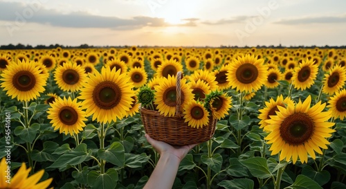 Hand holding wicker basket in golden sunflower field at sunset. Agriculture harvest and farming concept. Rural lifestyle and natural beauty photo