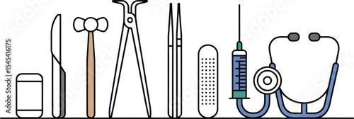 Illustration of medical tools including stethoscope and syringe on gray background