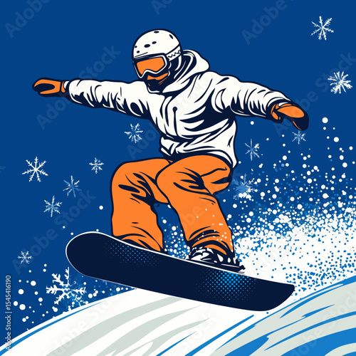 The scene of a man snowboarding in the mountains is illustrated in a modern pop art retro style, conveying the concept of a winter sports vacation where a sportsman performs a jump with a snowboard