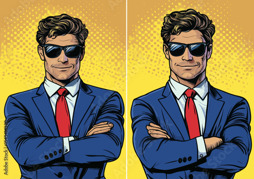 The concept of success is illustrated through a modern depiction of a hipster beard-wearing businessman with muscles in a pop art retro style, alongside a comic-style portrayal of a strong