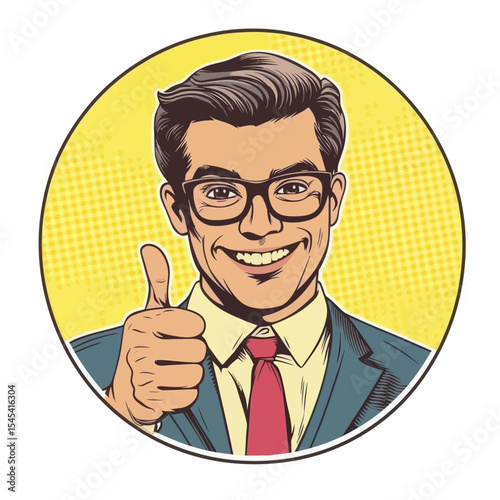 The image of a surprised, dark-skinned young man, donning glasses and giving a thumbs up, is presented in a colorful, modern illustration, reminiscent of retro comics, on a clean white background