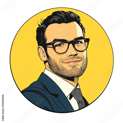 The image of a handsome young male with a look of surprise, wearing glasses and with his mouth agape, is presented in a vibrant pop art style, isolated on a white background and encircled with a