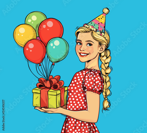 A little girl with a smile is shown in modern pop art holding a present and helium balloons
