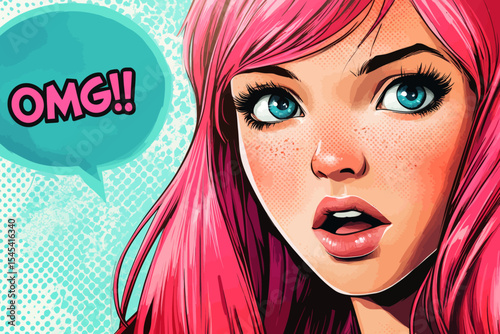 The image features a pop art style female face, characterized by a sexy and surprised young woman with vibrant pink hair, her mouth agape, and an accompanying OMG speech bubble, all presented on a