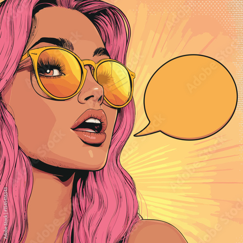 The image features a pop art female face, characterized by a sexy and surprised expression, with the young woman wearing glasses and having pink hair, her mouth open in astonishment, and an empty