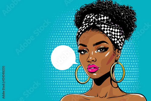 A sexy young black woman with an afro hairstyle, wearing big earrings, is depicted in a modern bright pop art illustration with an empty speech bubble on a dotted background in retro comic style
