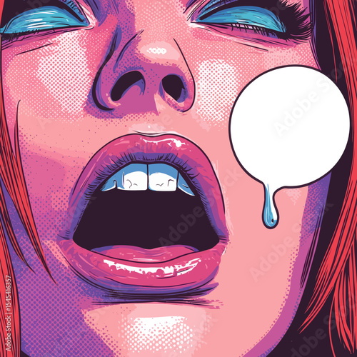 A weeping woman's grief is portrayed in a pop art and retro comic style representation