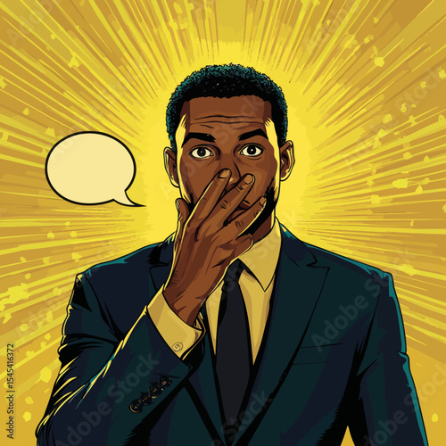 The image features a stunned young African American man in a suit and glasses, sporting an afro, with his hands up and mouth agape, presented in a vibrant comic-style pop art backdrop, evoking the