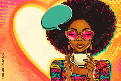 The image features a sexy and surprised black woman with an afro, wearing glasses and showcasing an open smile, as she holds a coffee to-go mug and has a speech bubble, all presented in a vibrant pop