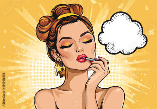 The modern portrait of a woman features a vintage comic style with pop art elements, showcasing her with open eyes and a speech bubble as she dreams