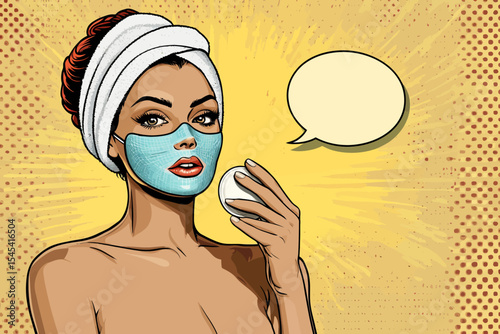 A housewife, young and sexy, is shown with an open mouth, clad in a bath towel, and wearing a cosmetic mask, as she holds a cucumber slice, all presented on a bright and modern background in the