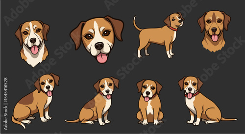 Adorable beagle dog illustrations set. Collection of cute beagle puppies in different poses for pet shops, greeting cards, or dog training manuals.